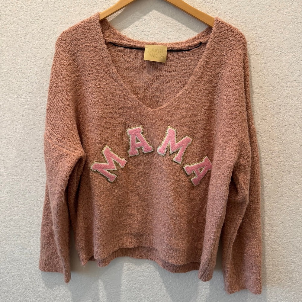 Judith March Mama V-Neck Popcorn Knit Sweater Mauve Pink Glitter Patches Small